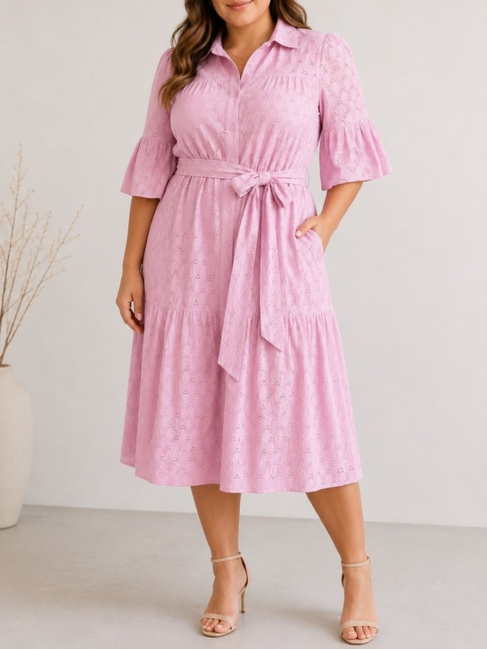 Avec Les Filles Pink Eyelet Midi Shirt Dress 12 Cotton Belted Button Front